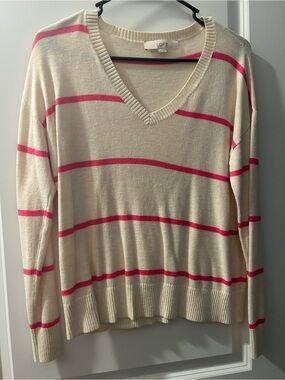 LOFT Cream V-Neck Sweater with Pink Stripe Detail